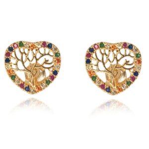 Brinco Coração Com Zirconia Colorida E árvore Da Vida Folheado Em Ouro 18k