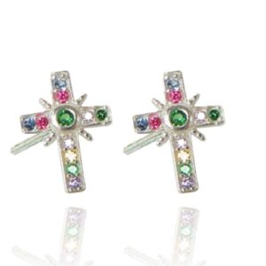 Brinco De Cruz Com Zircônias Coloridas Em Prata 925