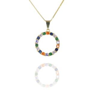 Colar Pingente Circulo De Zircônia Colorida Folheado A Ouro 18k