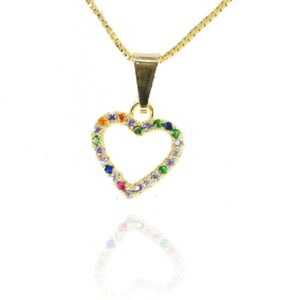Colar Pingente Coração De Zircônias Coloridas Sortidas Folheado A Ouro 18k