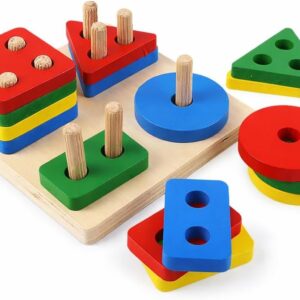 Brinquedo Educativo Montessori de Madeira Pedagógico Sensorial Formas Geométricas Didáticas Multicoloridas Encaixe Infantil e Cores Empilháveis