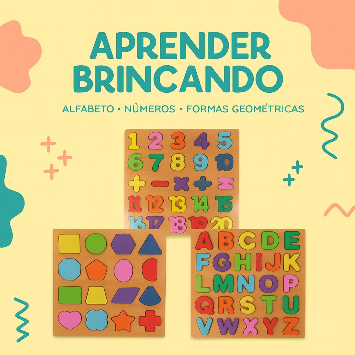 Tabuleiro Educativo 3 em 1 Alfabeto Números e Formas Geométricas Brinquedo Pedagógico de Madeira Infantil Kit Jogo de Encaixe Lúdico - Imagem 5
