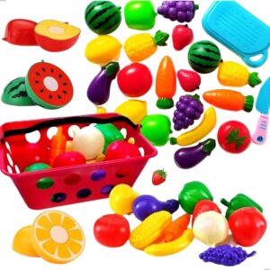 Kit de Frutas de Brinquedo com Tábua de Cortar, 23 Peças, Cesta Vermelha