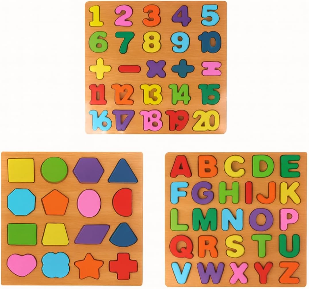 Tabuleiro Educativo 3 em 1 Alfabeto Números e Formas Geométricas Brinquedo Pedagógico de Madeira Infantil Kit Jogo de Encaixe Lúdico