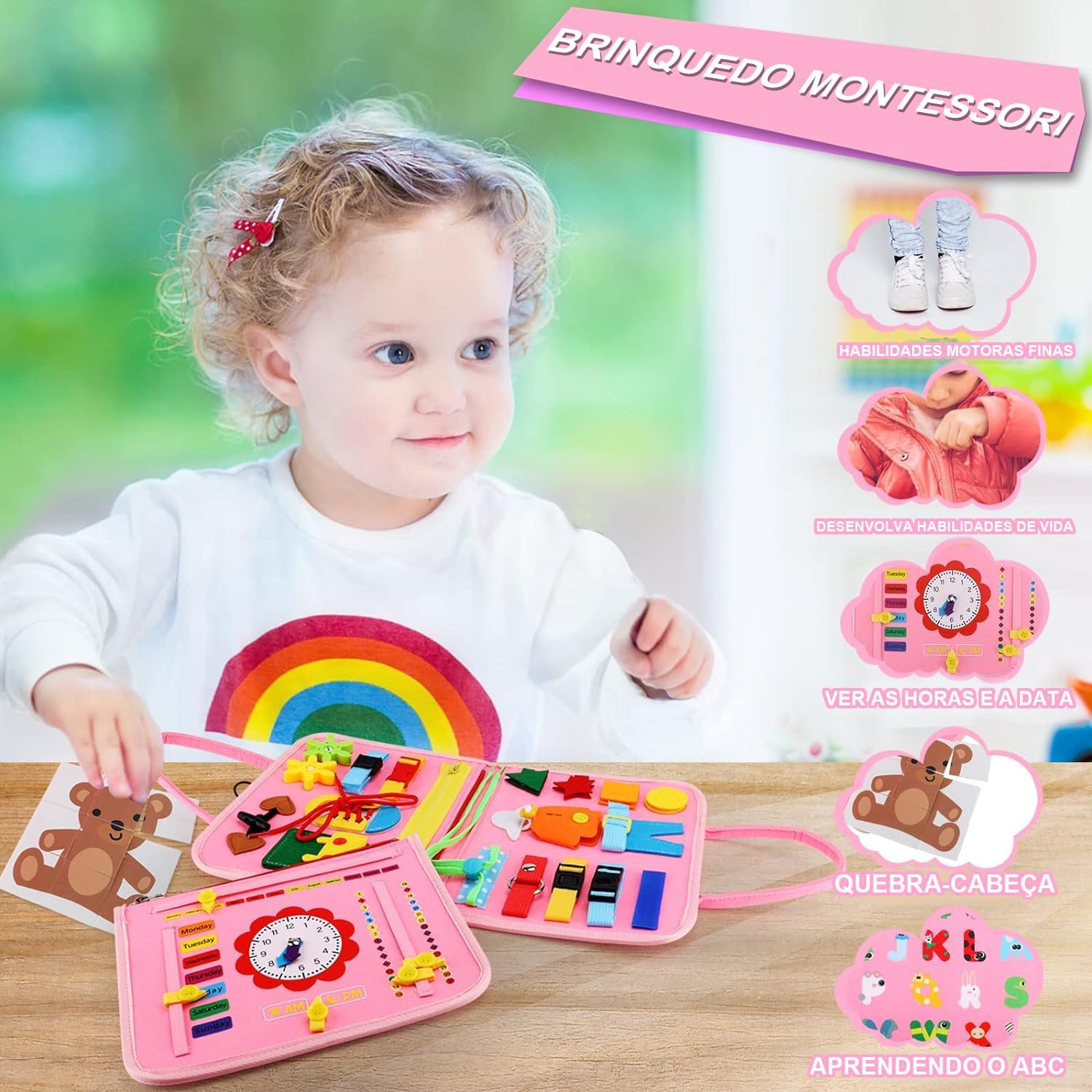 Placa de Montessori Sensorial para Crianças Maleta Educativa Brinquedo (Rosa) - Imagem 4