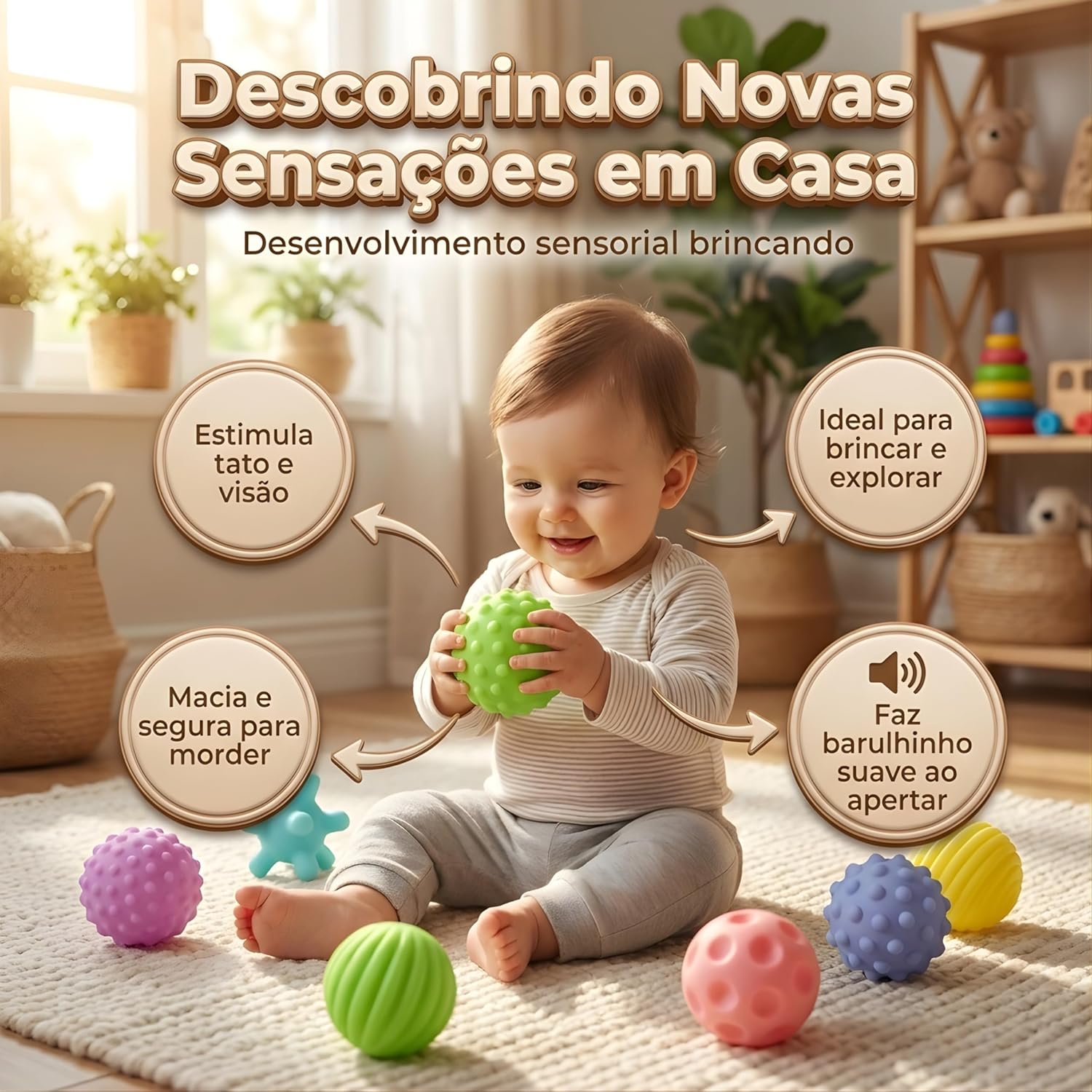 Kit de Bolas Sensoriais para Bebê – Texturas Educativas, Estímulo Motor e Cores Suaves – Silicone Macio – Aprendizado e Diversão a Partir de 18 Meses - Imagem 2