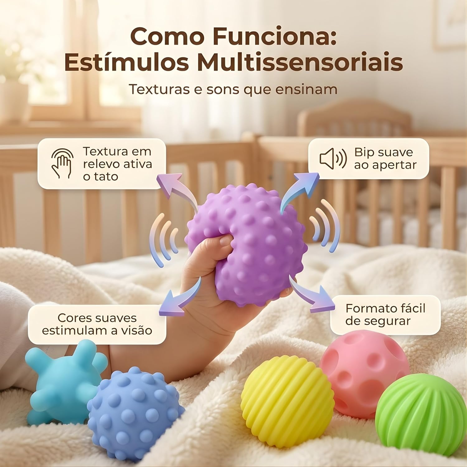Kit de Bolas Sensoriais para Bebê – Texturas Educativas, Estímulo Motor e Cores Suaves – Silicone Macio – Aprendizado e Diversão a Partir de 18 Meses - Imagem 4