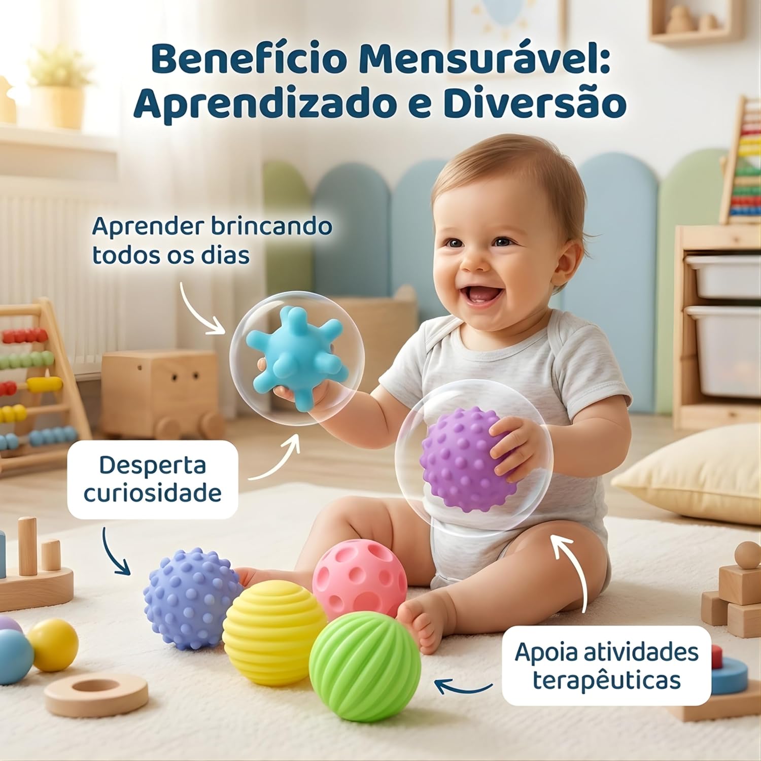 Kit de Bolas Sensoriais para Bebê – Texturas Educativas, Estímulo Motor e Cores Suaves – Silicone Macio – Aprendizado e Diversão a Partir de 18 Meses - Imagem 6