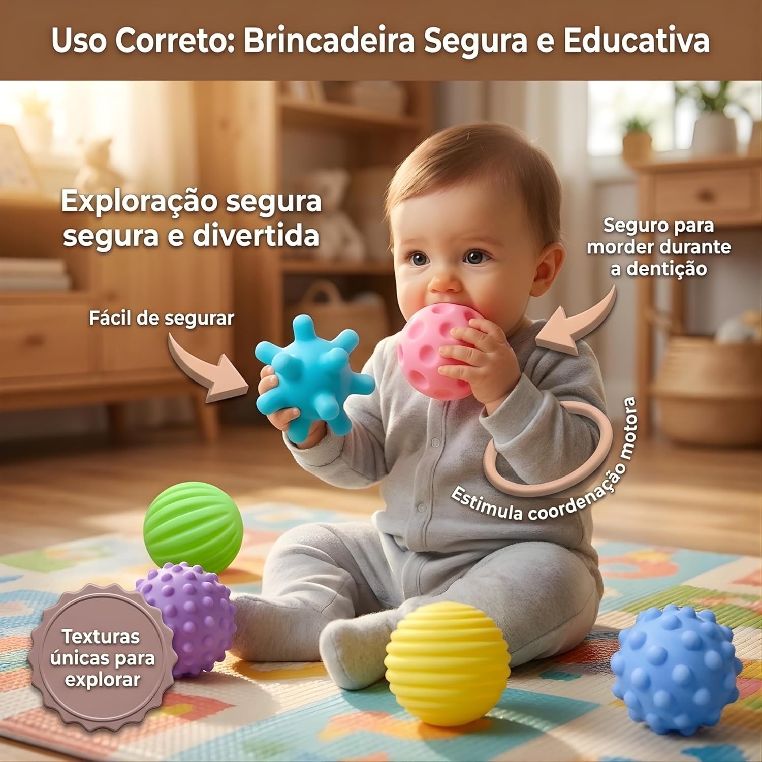 Kit de Bolas Sensoriais para Bebê – Texturas Educativas, Estímulo Motor e Cores Suaves – Silicone Macio – Aprendizado e Diversão a Partir de 18 Meses - Imagem 3