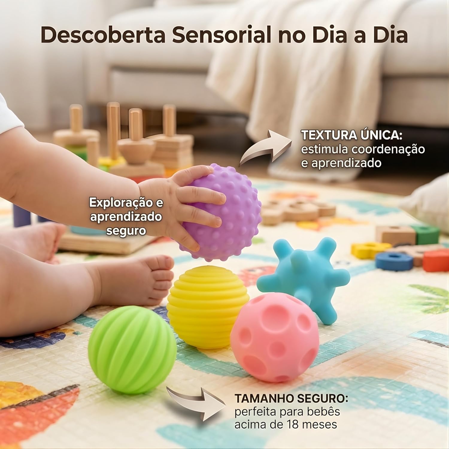 Kit de Bolas Sensoriais para Bebê – Texturas Educativas, Estímulo Motor e Cores Suaves – Silicone Macio – Aprendizado e Diversão a Partir de 18 Meses - Imagem 7