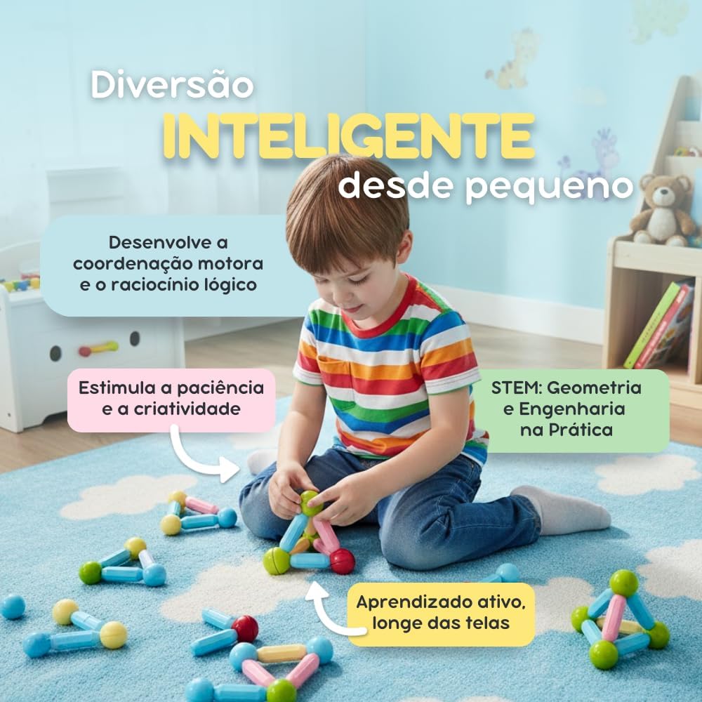 Blocos de Montar Magnéticos | Estimule a Criatividade, Coordenação Motora e Educação STEM | Um Brinquedo Educativo infantil que Une Diversão e Desenvolvimento (64 PEÇAS) - Imagem 2