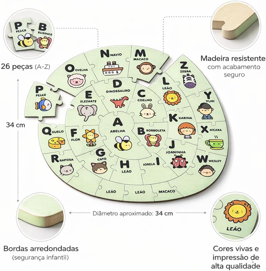 Quebra-Cabeça Educativo Alfabeto Caracol em Madeira – 26 Peças | Desenvolvimento Cognitivo, Coordenação Motora e Linguagem | Infantil - Imagem 4