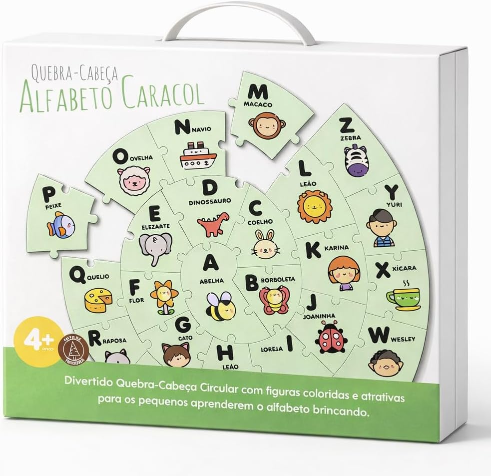 Quebra-Cabeça Educativo Alfabeto Caracol em Madeira – 26 Peças | Desenvolvimento Cognitivo, Coordenação Motora e Linguagem | Infantil