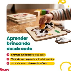 Kit 3 Quebra-Cabeças Educativos de Animais em Madeira, Brinquedo Infantil de Encaixe Pedagógico Bilíngue (Inglês)