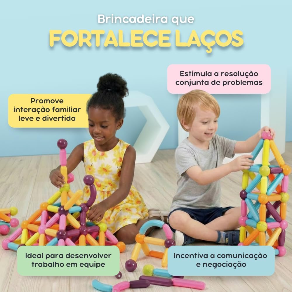 Blocos de Montar Magnéticos | Estimule a Criatividade, Coordenação Motora e Educação STEM | Um Brinquedo Educativo infantil que Une Diversão e Desenvolvimento (64 PEÇAS) - Imagem 4