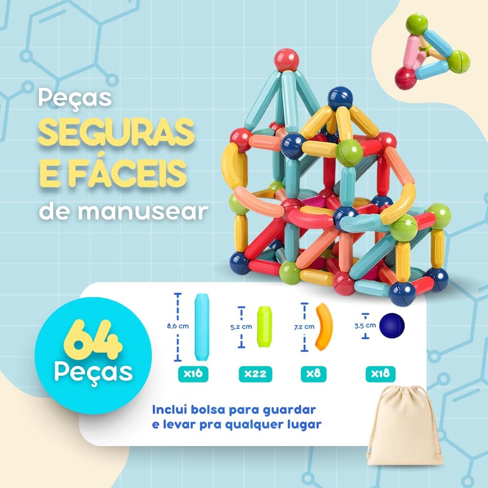 Blocos de Montar Magnéticos | Estimule a Criatividade, Coordenação Motora e Educação STEM | Um Brinquedo Educativo infantil que Une Diversão e Desenvolvimento (64 PEÇAS) - Imagem 5