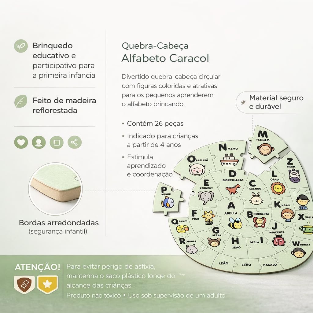 Quebra-Cabeça Educativo Alfabeto Caracol em Madeira – 26 Peças | Desenvolvimento Cognitivo, Coordenação Motora e Linguagem | Infantil - Imagem 2