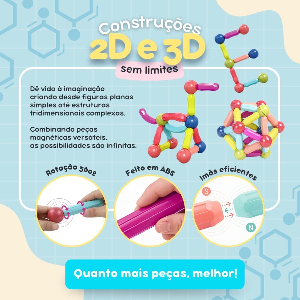 Blocos de Montar Magnéticos | Estimule a Criatividade, Coordenação Motora e Educação STEM | Um Brinquedo Educativo infantil que Une Diversão e Desenvolvimento (64 PEÇAS) - Imagem 3