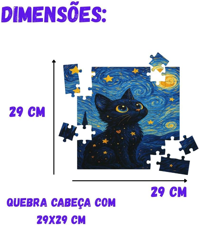 Quebra-Cabeça Gato Estelar Estilo Van Gogh 29x29 cm – 100 Peças MDF Premium – Coleção Arte Galáctica - Imagem 2