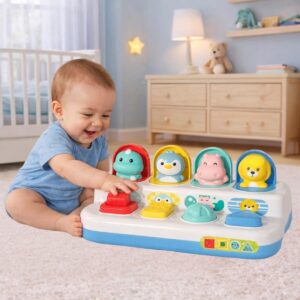 Brinquedo Interativo Infantil Pop Up com Botões Animais Educativo Montessori Sensorial Esconde - Esconde Coordenação Motora para Bebê 1 a 3 Anos