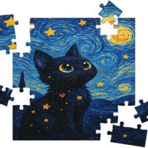 Quebra-Cabeça Gato Estelar Estilo Van Gogh 29x29 cm – 100 Peças MDF Premium – Coleção Arte Galáctica