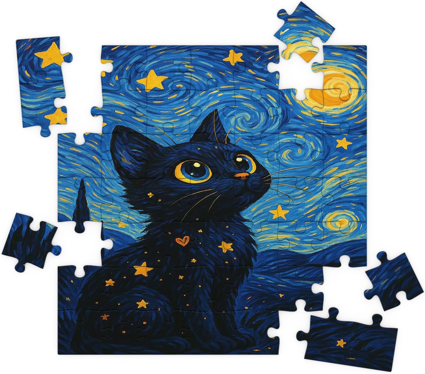 Quebra-Cabeça Gato Estelar Estilo Van Gogh 29x29 cm – 100 Peças MDF Premium – Coleção Arte Galáctica