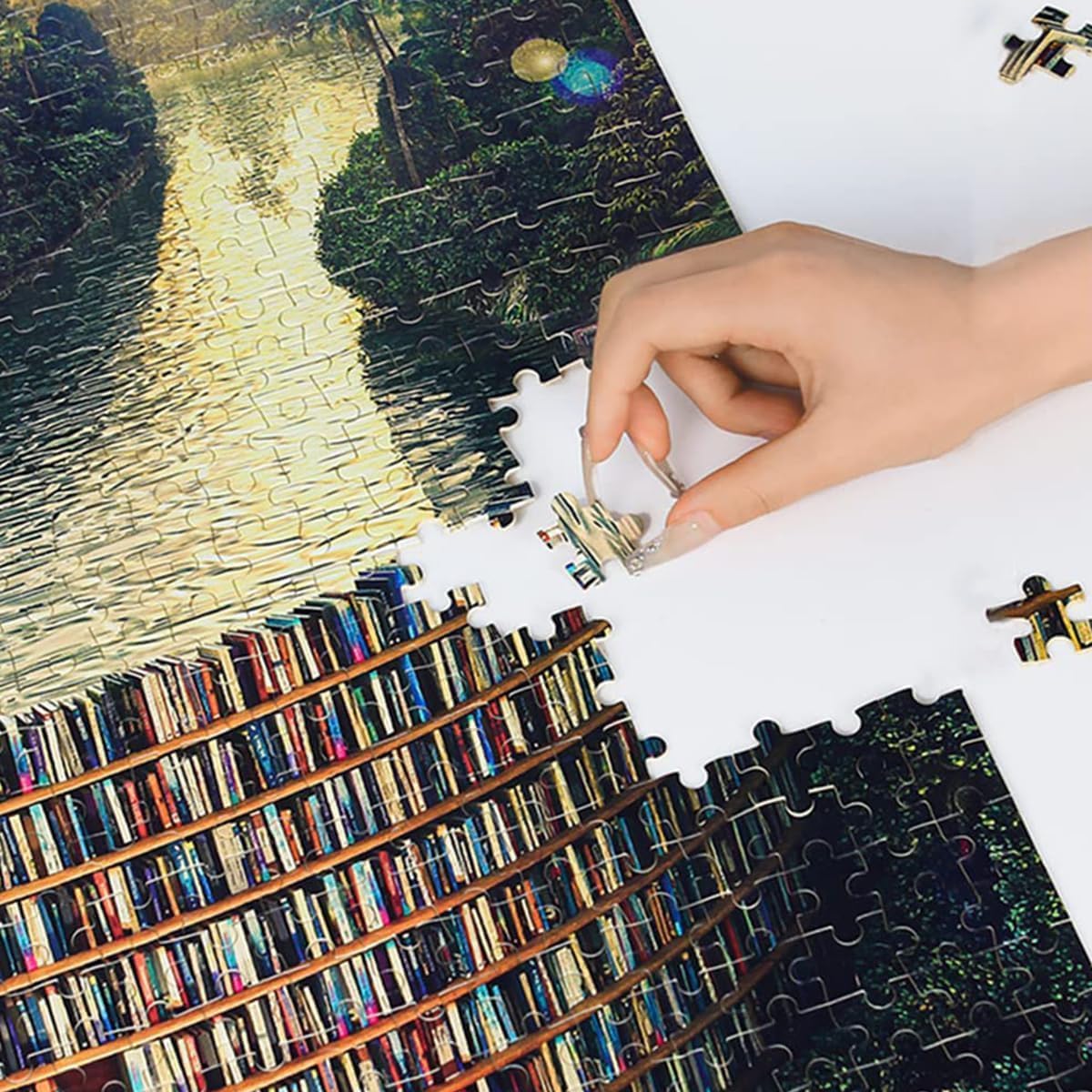 Quebra-cabeça Madeira Canal de Estante de Livros "Bookshelf Canal" 1000 peças com pôster em tamanho real Adulto Infantil Jogo Educativo Desafio Alívio do estresse Familiar Brinquedo para presente - Imagem 9