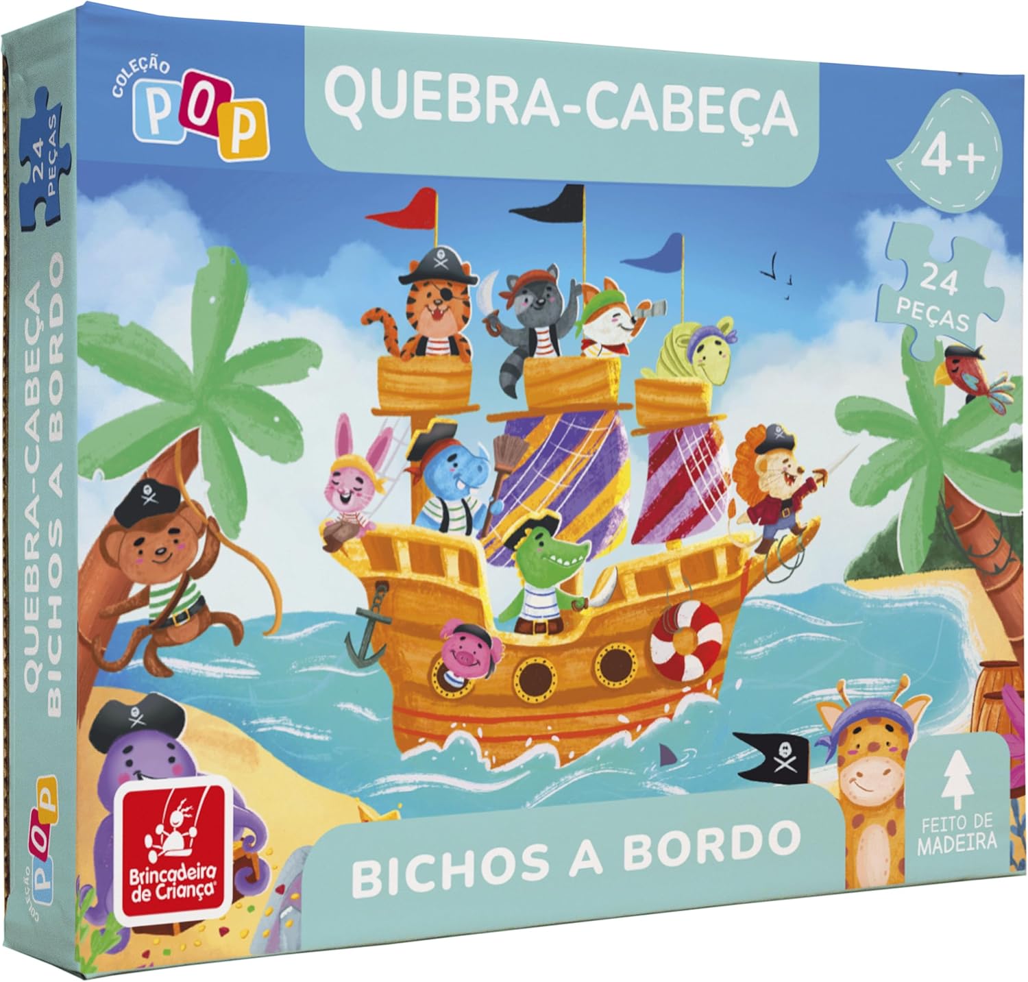 Brincadeira de Criança Quebra-Cabeça Infantil 24 Peças Madeira Bichos a Bordo