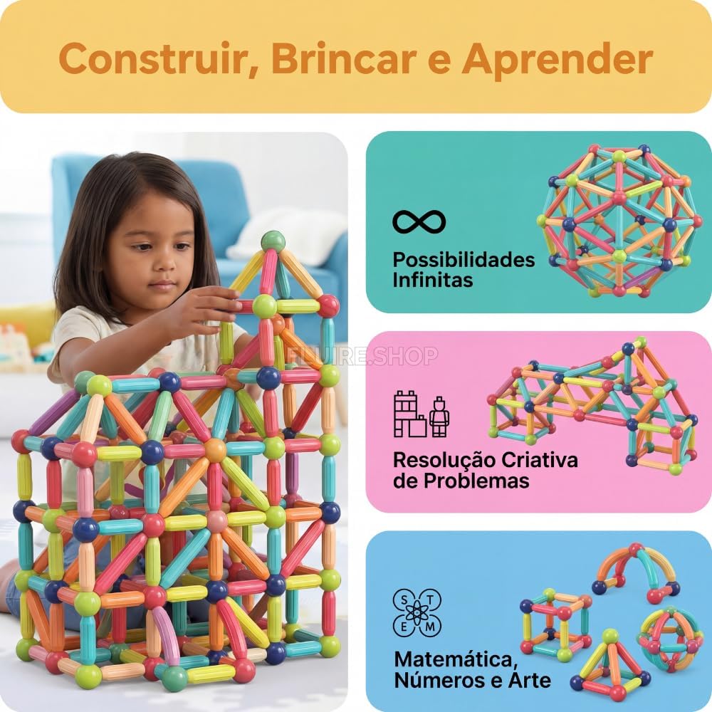 Bloco Magnetico Infantil de Montar, Brinquedo Educativo Infantil Bastões e Bolas, Kit de Construção 2D e 3D, Desenvolvimento STEM para Criatividade, Coordenação Motora e Raciocínio Lógico (103) - Imagem 4