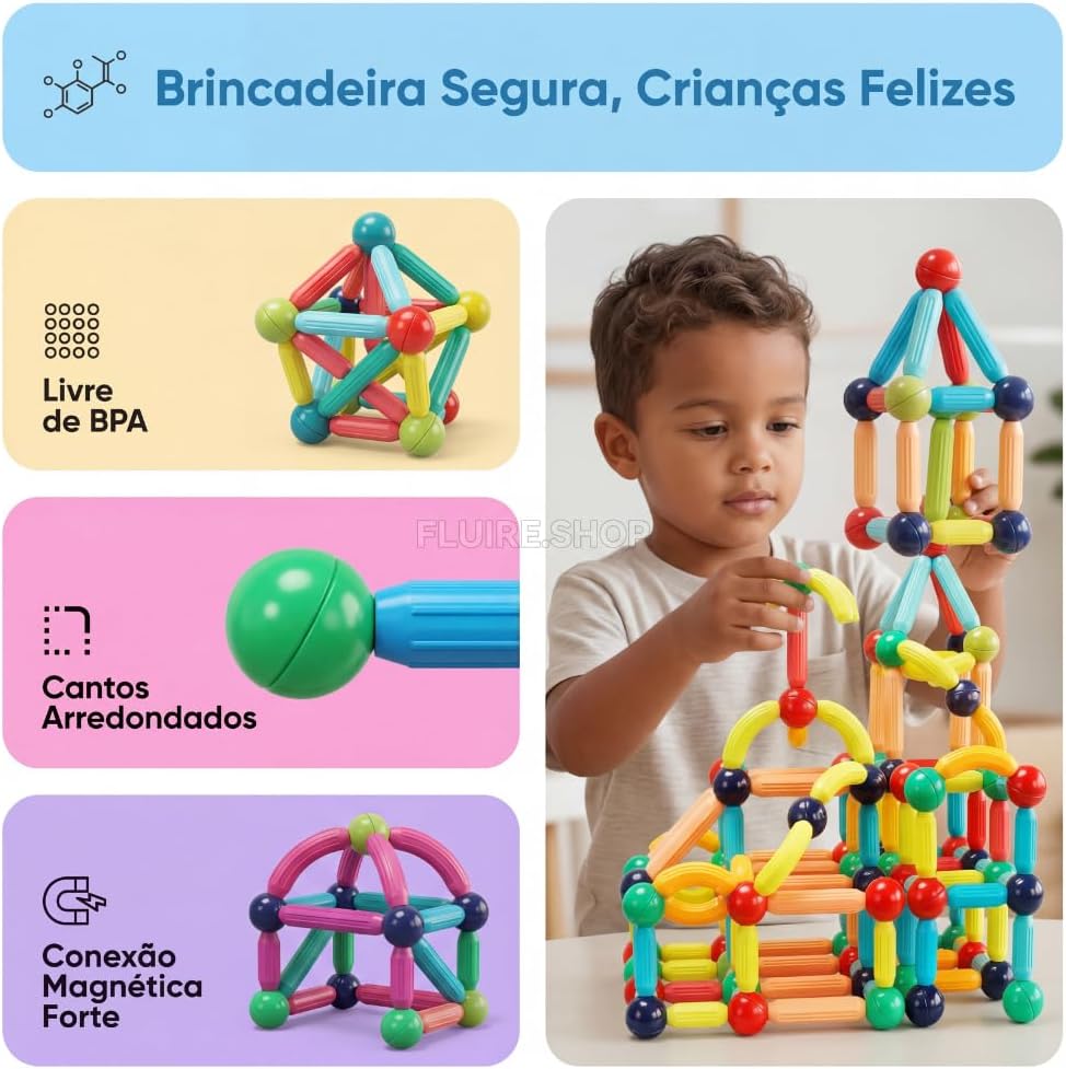 Bloco Magnetico Infantil de Montar, Brinquedo Educativo Infantil Bastões e Bolas, Kit de Construção 2D e 3D, Desenvolvimento STEM para Criatividade, Coordenação Motora e Raciocínio Lógico (103) - Imagem 2