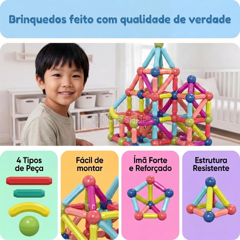 Bloco Magnetico Infantil de Montar, Brinquedo Educativo Infantil Bastões e Bolas, Kit de Construção 2D e 3D, Desenvolvimento STEM para Criatividade, Coordenação Motora e Raciocínio Lógico (103) - Imagem 3
