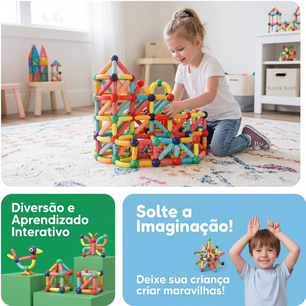 Bloco Magnetico Infantil de Montar, Brinquedo Educativo Infantil Bastões e Bolas, Kit de Construção 2D e 3D, Desenvolvimento STEM para Criatividade, Coordenação Motora e Raciocínio Lógico (103) - Imagem 6
