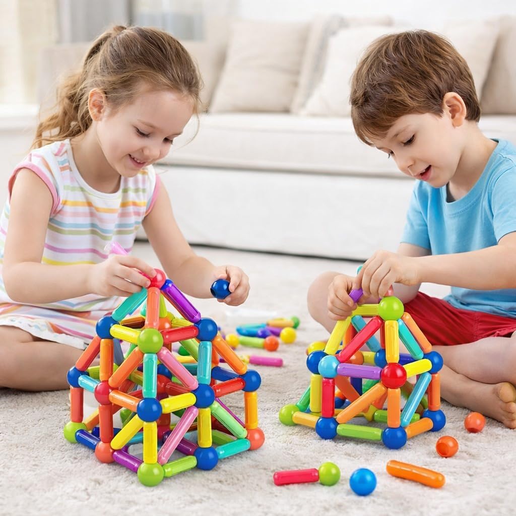 Blocos de Montar Magnéticos 84 Peças Brinquedo Educativo Infantil Construção Criativo STEM 3D (Multicolorido, 84) - Imagem 2
