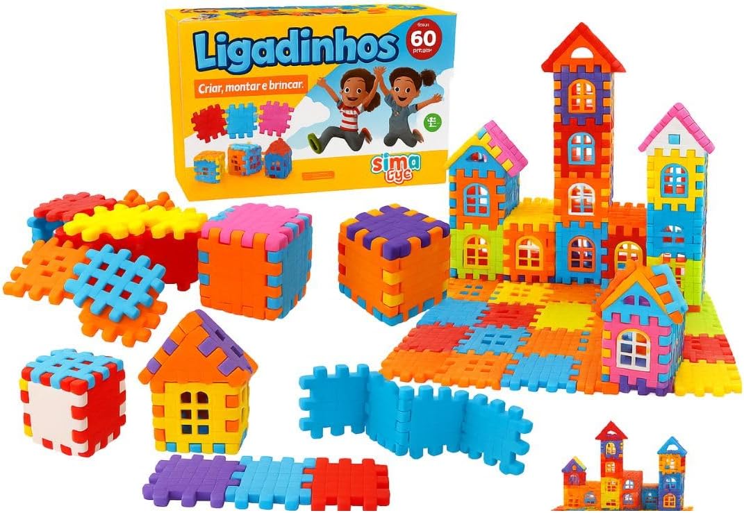 Blocos de Montar Ligadinhos 60 Peças Coloridas Kit Educativo para Crianças Apartir de 3Anos Construção Geométrica - Imagem 3