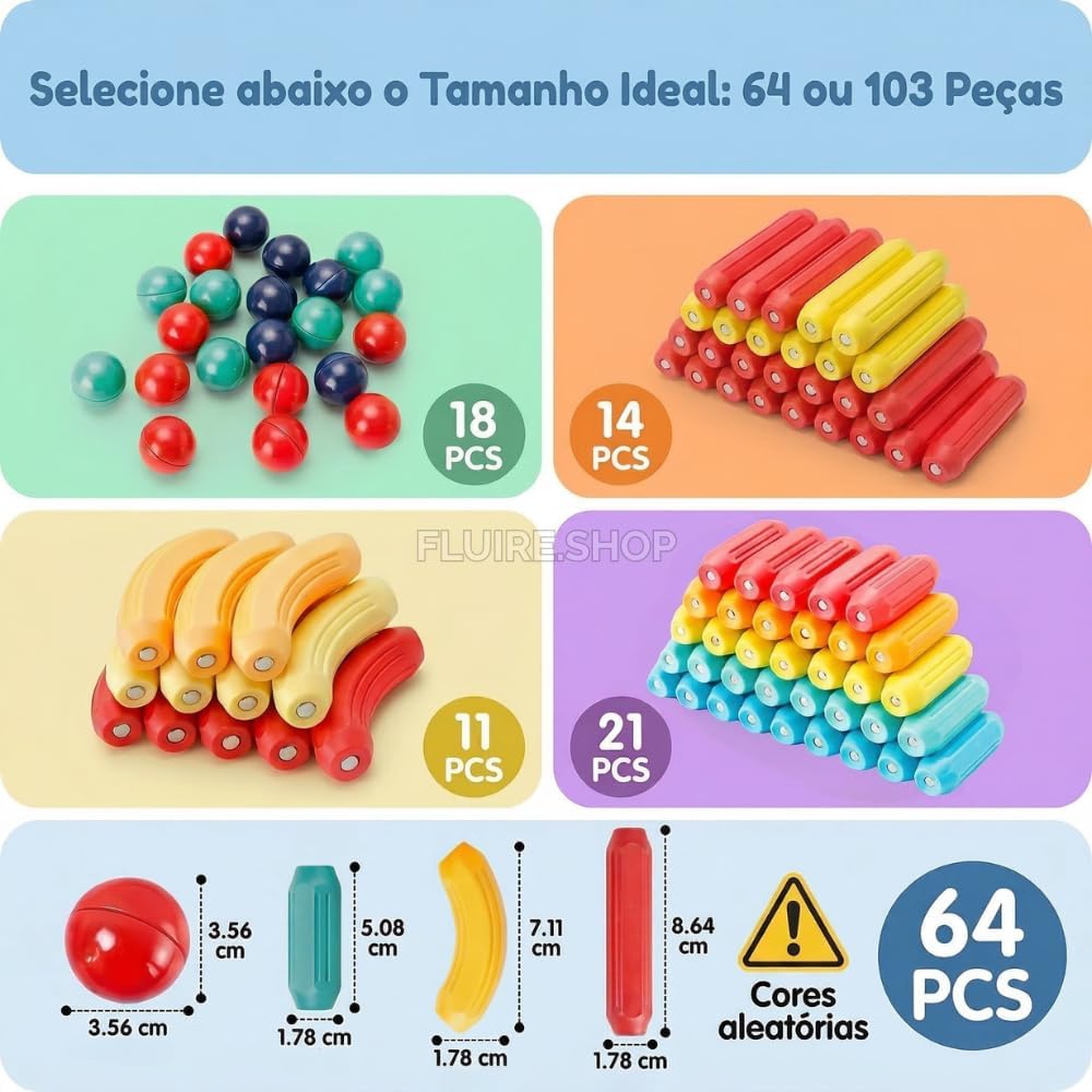 Bloco Magnetico Infantil de Montar, Brinquedo Educativo Infantil Bastões e Bolas, Kit de Construção 2D e 3D, Desenvolvimento STEM para Criatividade, Coordenação Motora e Raciocínio Lógico (64) - Imagem 8