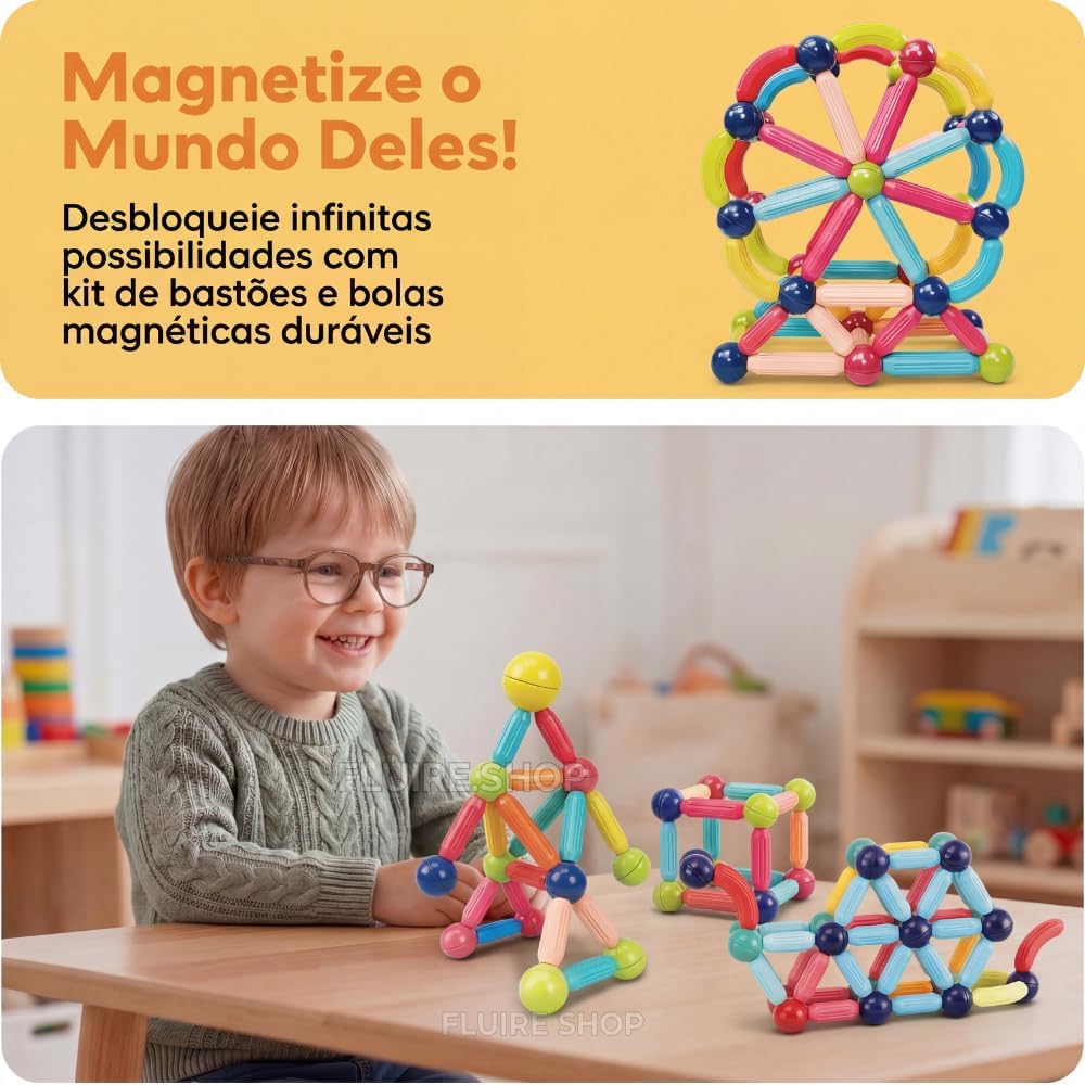 Bloco Magnetico Infantil de Montar, Brinquedo Educativo Infantil Bastões e Bolas, Kit de Construção 2D e 3D, Desenvolvimento STEM para Criatividade, Coordenação Motora e Raciocínio Lógico (64) - Imagem 5