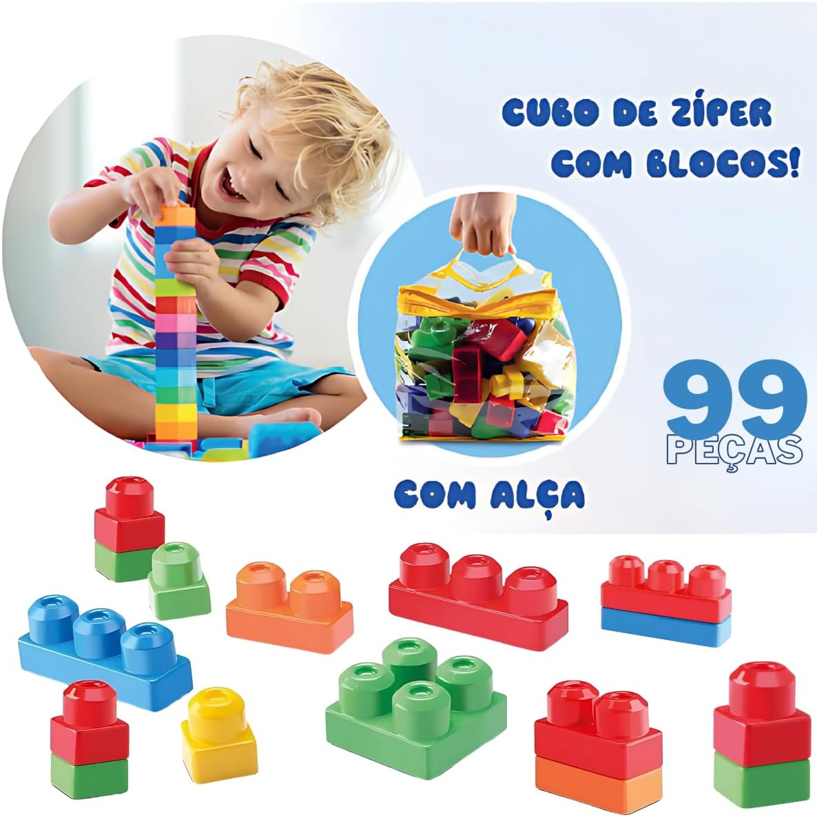 Brinquedo Educativo Pedagógico Blocos de Montar com Bolsa Organizadora para Crianças (99 peças) - Imagem 3