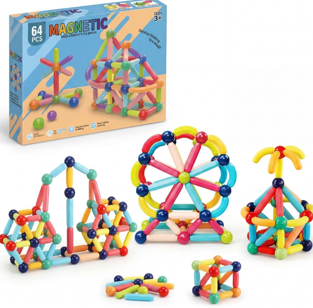 Bloco Magnetico Infantil de Montar, Brinquedo Educativo Infantil Bastões e Bolas, Kit de Construção 2D e 3D, Desenvolvimento STEM para Criatividade, Coordenação Motora e Raciocínio Lógico (64)