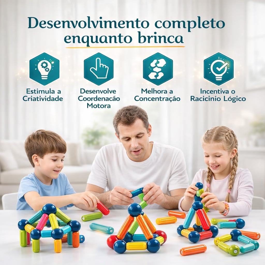 Blocos de Montar Magnéticos 84 Peças Brinquedo Educativo Infantil Construção Criativo STEM 3D (Multicolorido, 84) - Imagem 5