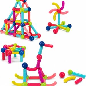 Barras Magnéticas Coloridas 128 Peças, Kit Bastões e Esferas/Bolas com Imã, Brinquedo Educativo Construção 2D 3D STEM, Criatividade, Coordenação Motora, Blocos de Montar Infantil Crianças 3+