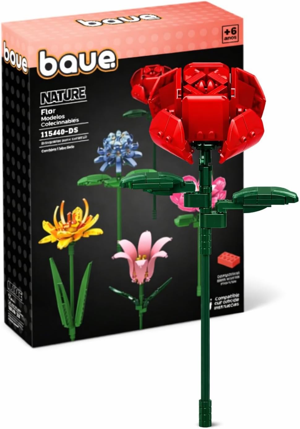 Blocos de Montar - BAUE NATURE - Flor Rosa Vermelha - Colecionável - 125 Peças