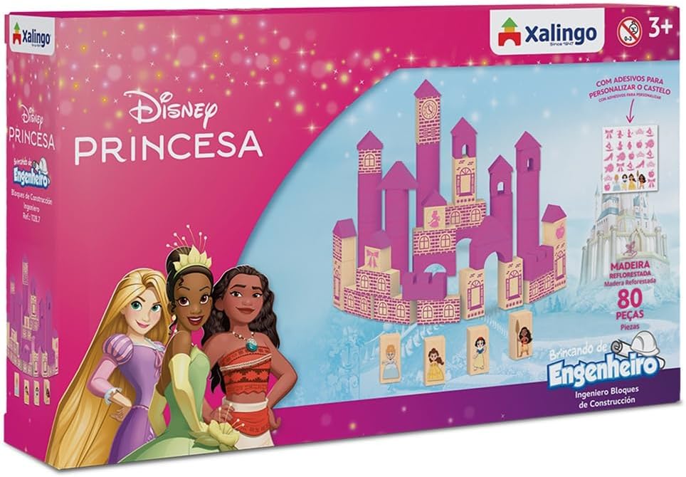 Xalingo Blocos de Montar Brincando de Engenheiro Princesa Disney Madeira 80 Peças