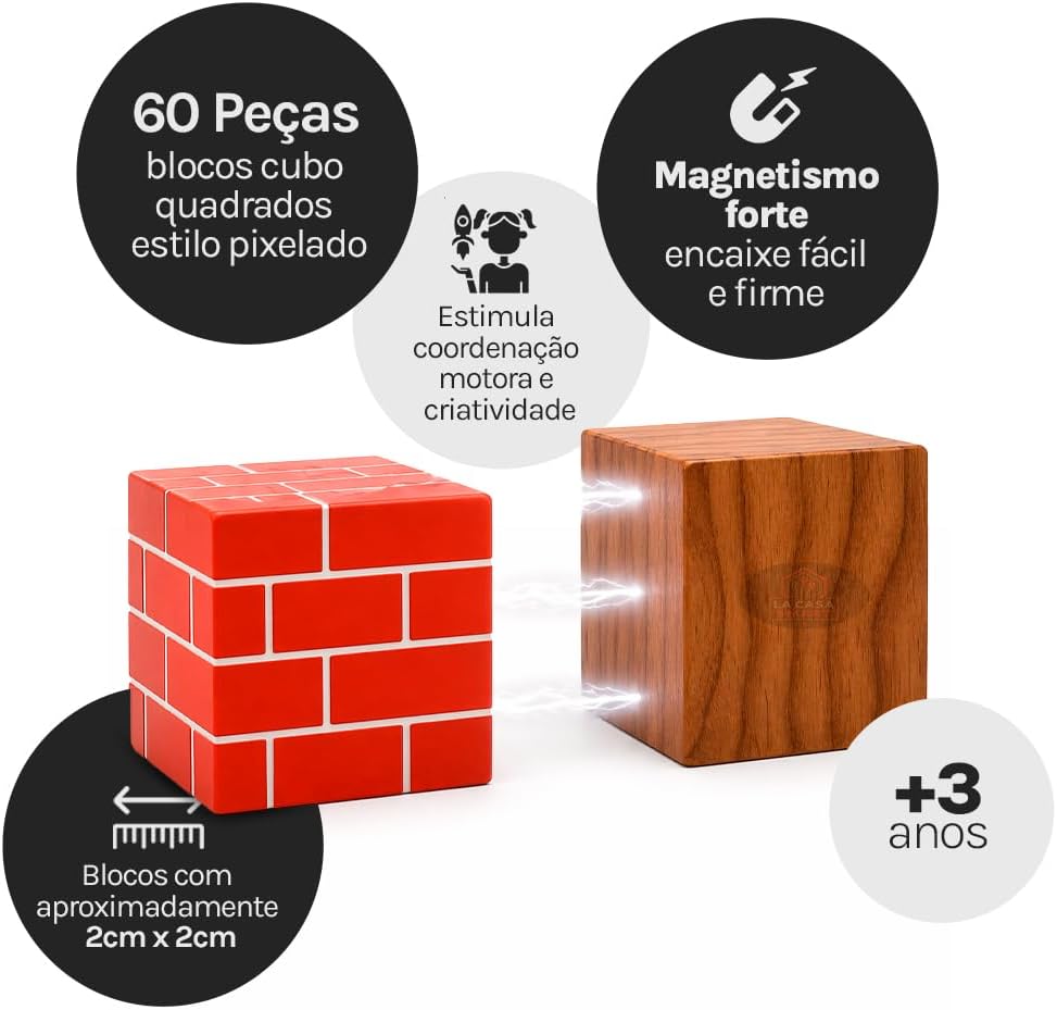 Blocos Magneticos De Montar 60 Peças Cubo Estilo Pixel Forte Imantado - Brinquedo Magnetico Infantil De Montar Criativo 3+ Anos - Imagem 4
