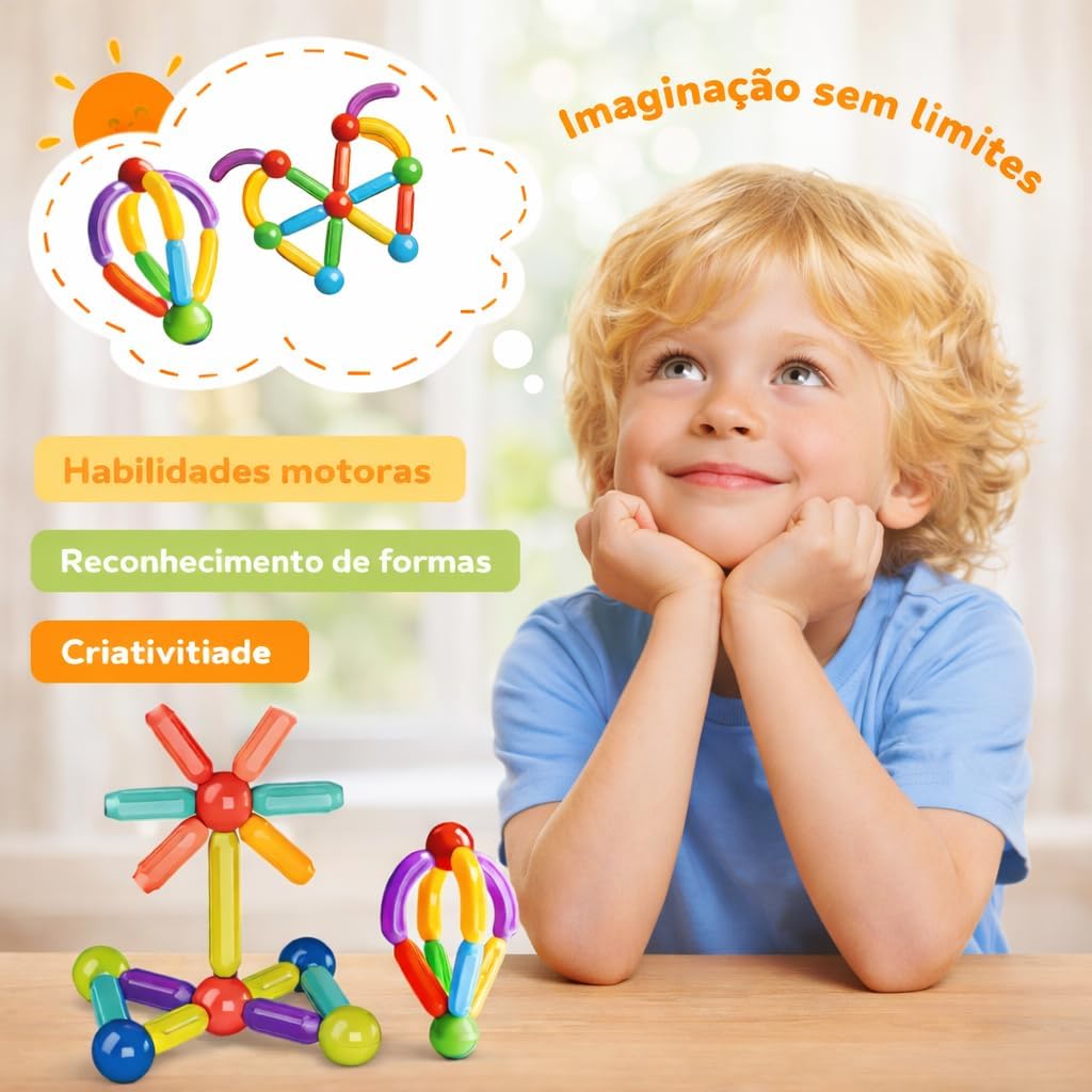 Blocos de Montar Magnéticos 84 Peças Brinquedo Educativo Infantil Construção Criativo STEM 3D (Multicolorido, 84) - Imagem 7