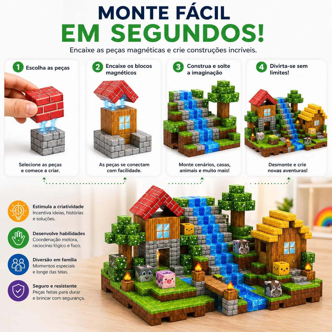 Blocos de Montar Magnéticos 72 Peças Infantil – Kit Construção Criativa 3D Educativo, Estimula Coordenação, Imaginação e Raciocínio – Brinquedo Interativo para Crianças - Imagem 4