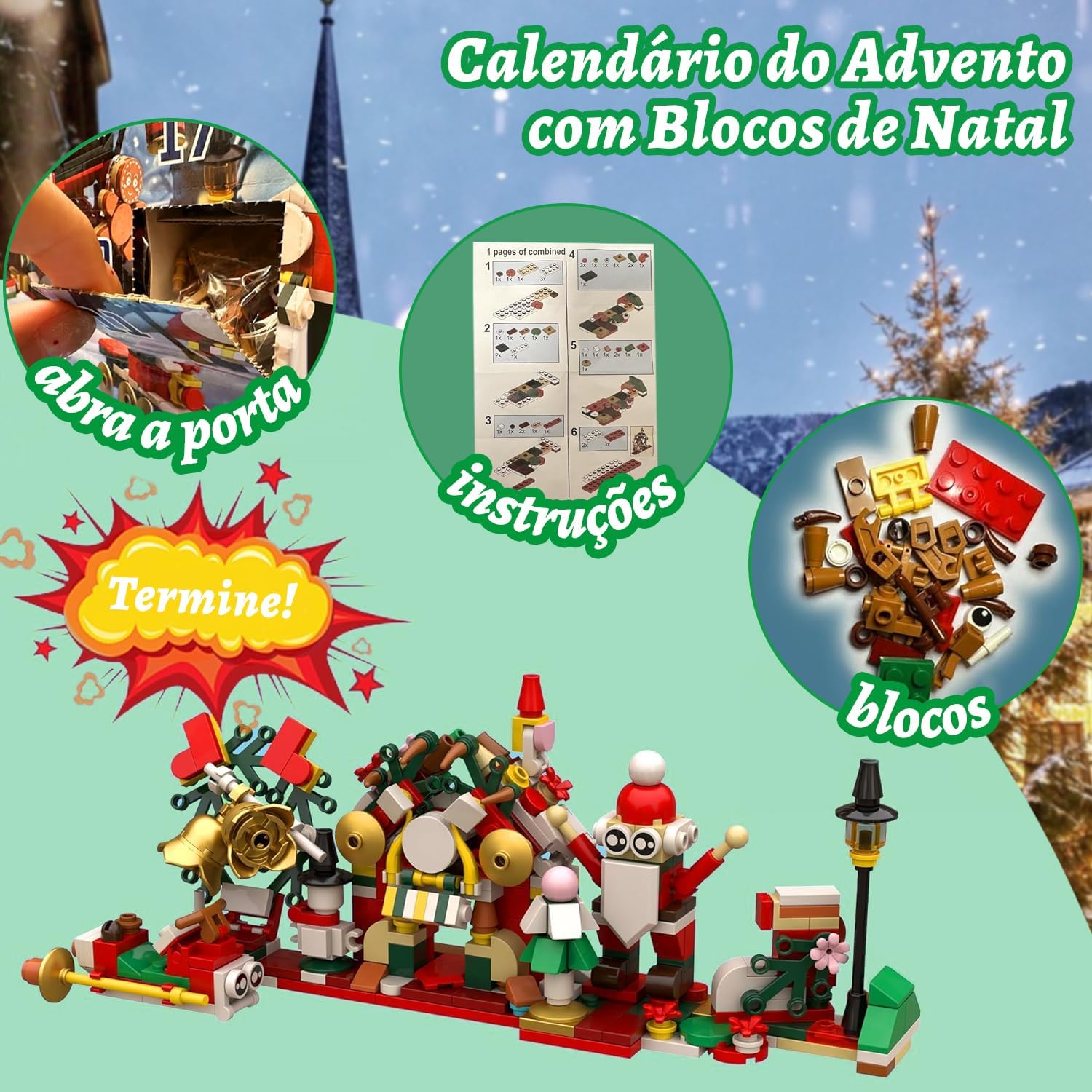 Blocos de Montar Infantil, Kit de Blocos de Montar com 24 Surpresas, Papai Noel, Trenó e Decoração, Presente para Crianças e Adultos, 413 Peças - Imagem 3
