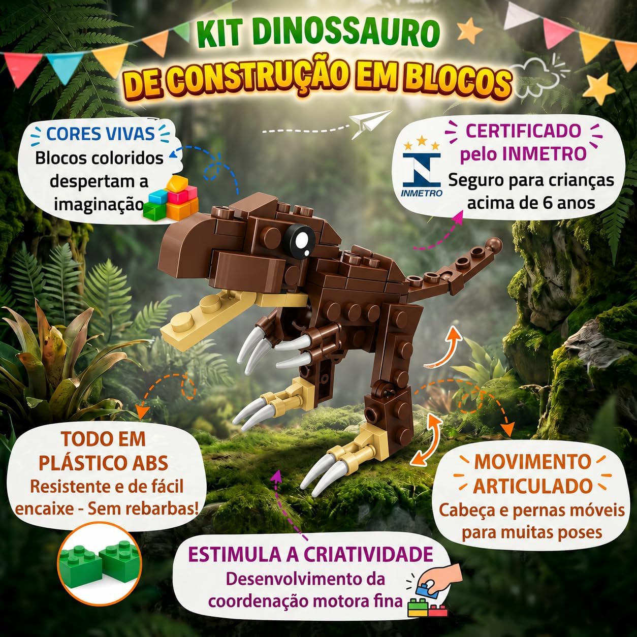 Bloco de Montar Dinossauro 55 Peças Educativo Montagem Coordenação Motora Fina Diversão Premium (Marrom) - Imagem 2