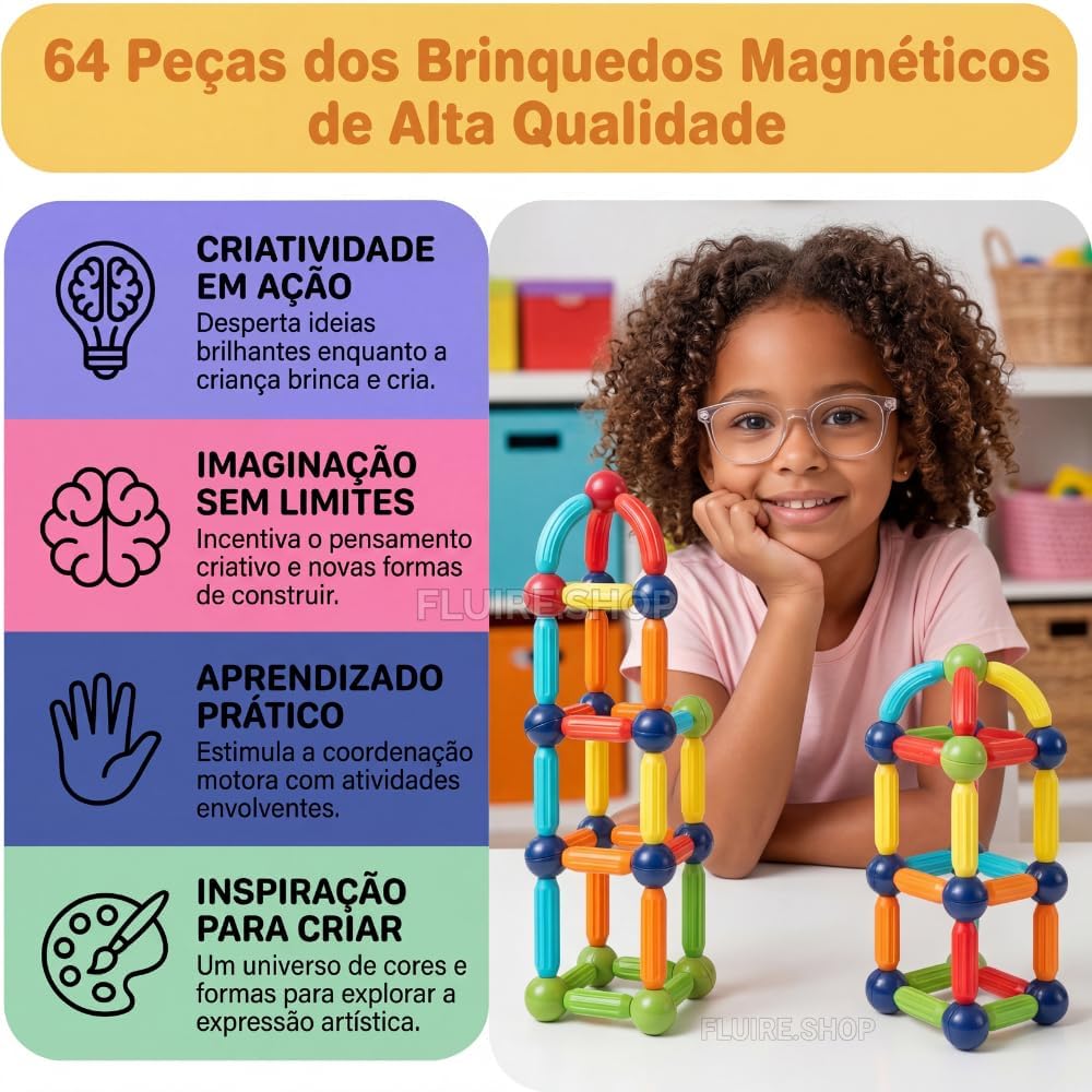 Bloco Magnetico Infantil de Montar, Brinquedo Educativo Infantil Bastões e Bolas, Kit de Construção 2D e 3D, Desenvolvimento STEM para Criatividade, Coordenação Motora e Raciocínio Lógico (64) - Imagem 7