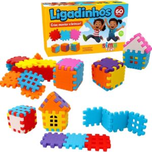Blocos de Montar Ligadinhos 60 Peças Coloridas Kit Educativo para Crianças Apartir de 3Anos Construção Geométrica