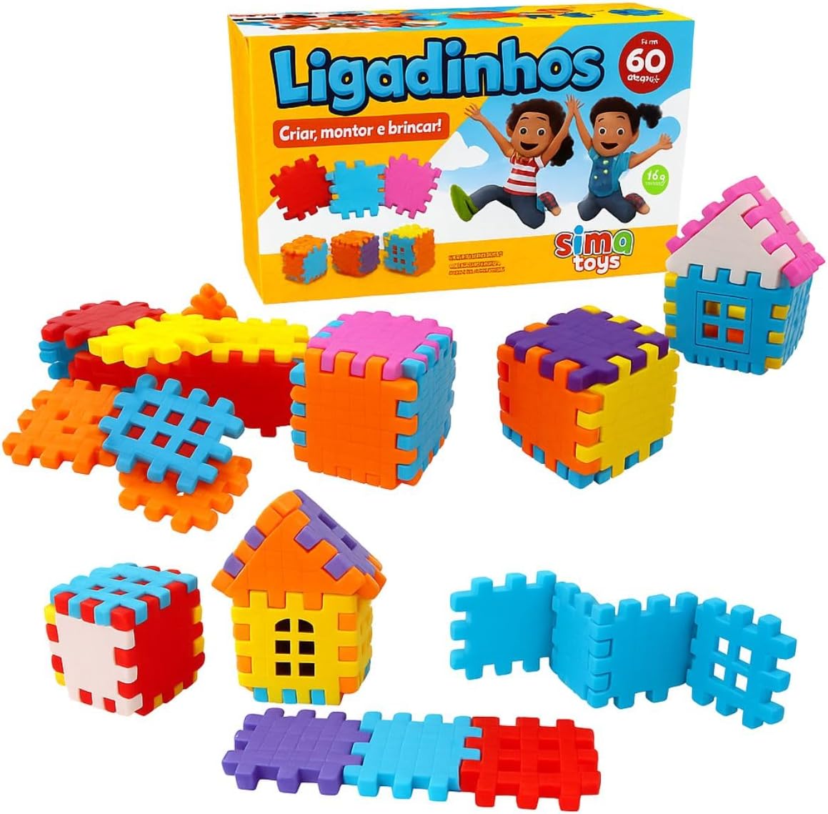 Blocos de Montar Ligadinhos 60 Peças Coloridas Kit Educativo para Crianças Apartir de 3Anos Construção Geométrica